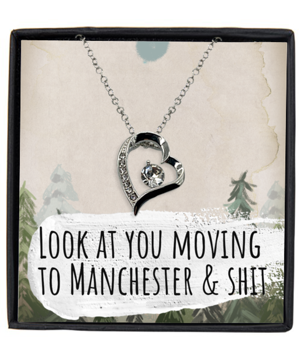 Moving to Manchester United Kingdom UK England Moving Away Necklace Heart Silver Plated Pendant Jewelry Merch