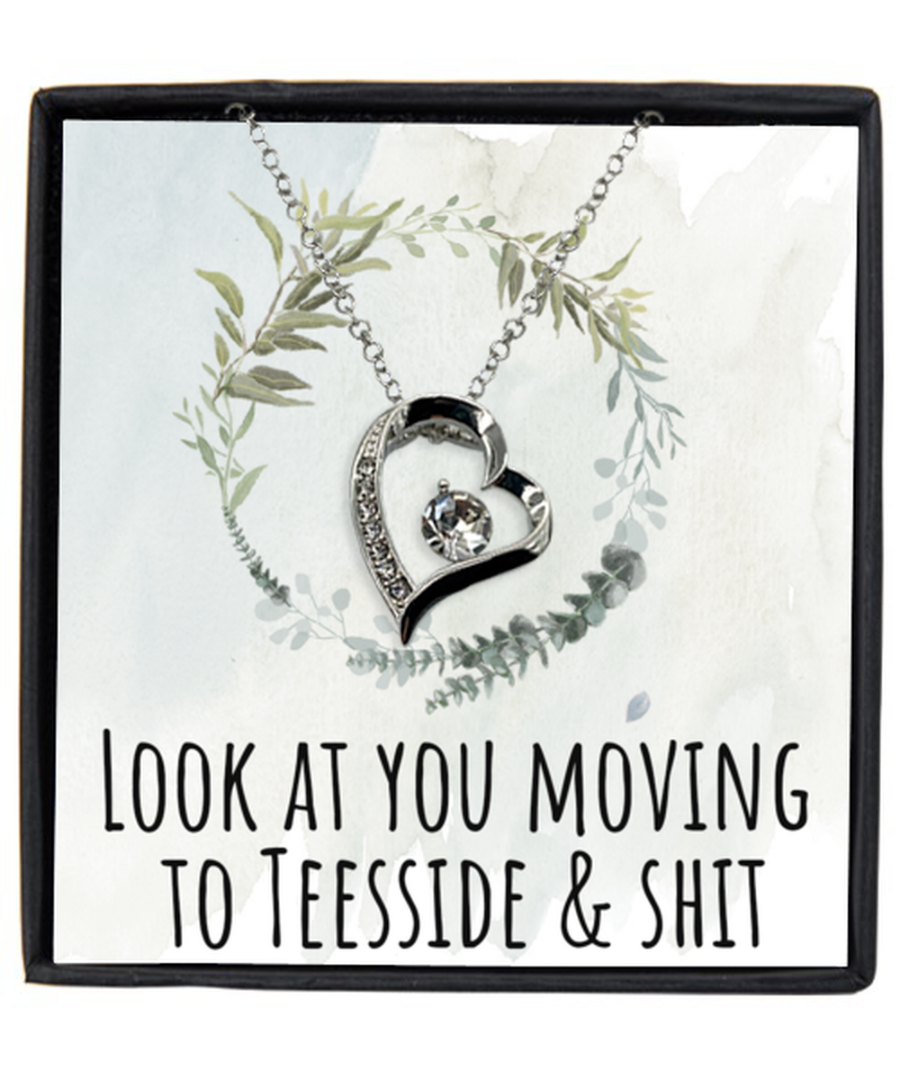 Moving to Teesside United Kingdom UK England Moving Away Necklace Heart Silver Plated Pendant Jewelry Merch