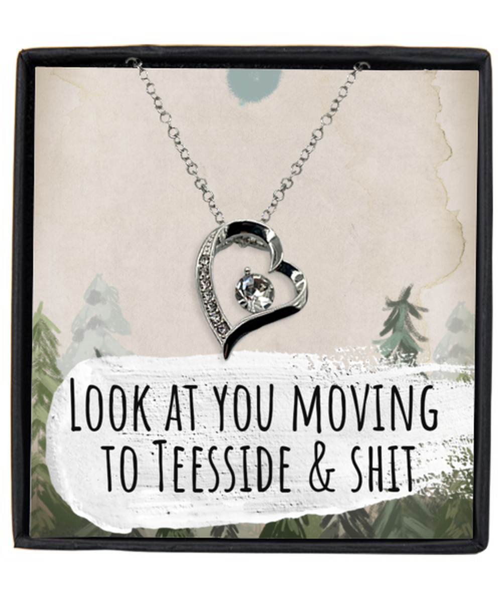 Moving to Teesside United Kingdom UK England Moving Away Necklace Heart Silver Plated Pendant Jewelry Merch