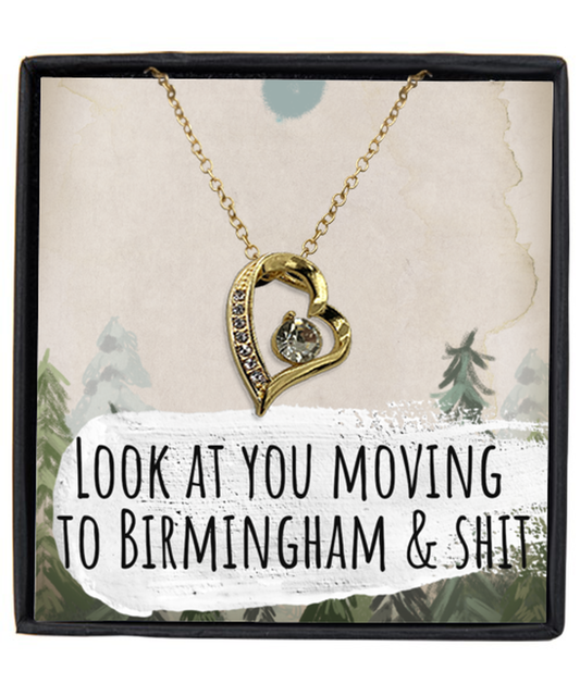 Moving to Birmingham United Kingdom UK England Moving Away Necklace Heart Gold Plated Pendant Jewelry Merch