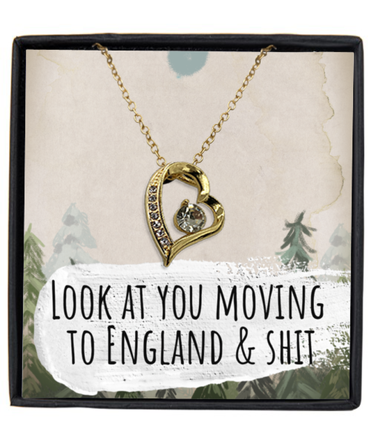 Moving to England United Kingdom UK Moving Away Necklace Heart Gold Plated Pendant Jewelry Merch