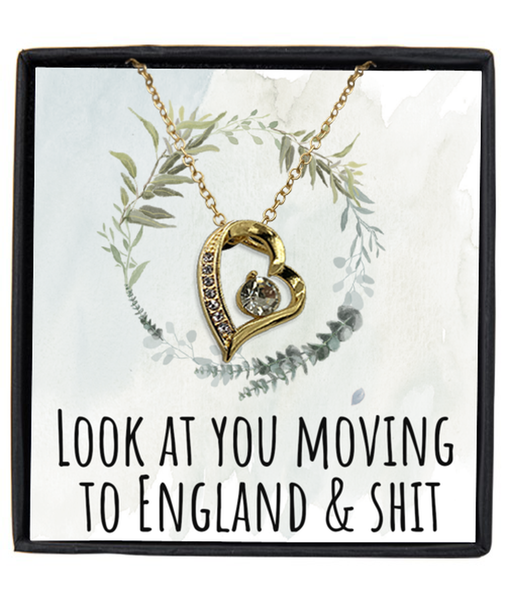 Moving to England United Kingdom UK Moving Away Necklace Heart Gold Plated Pendant Jewelry Merch