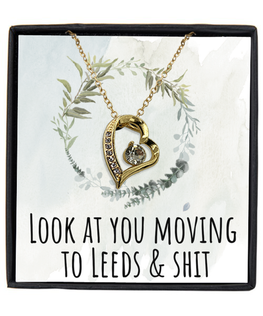 Moving to Leeds United Kingdom UK England Moving Away Necklace Heart Gold Plated Pendant Jewelry Merch