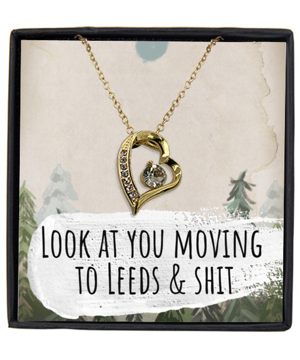 Moving to Leeds United Kingdom UK England Moving Away Necklace Heart Gold Plated Pendant Jewelry Merch