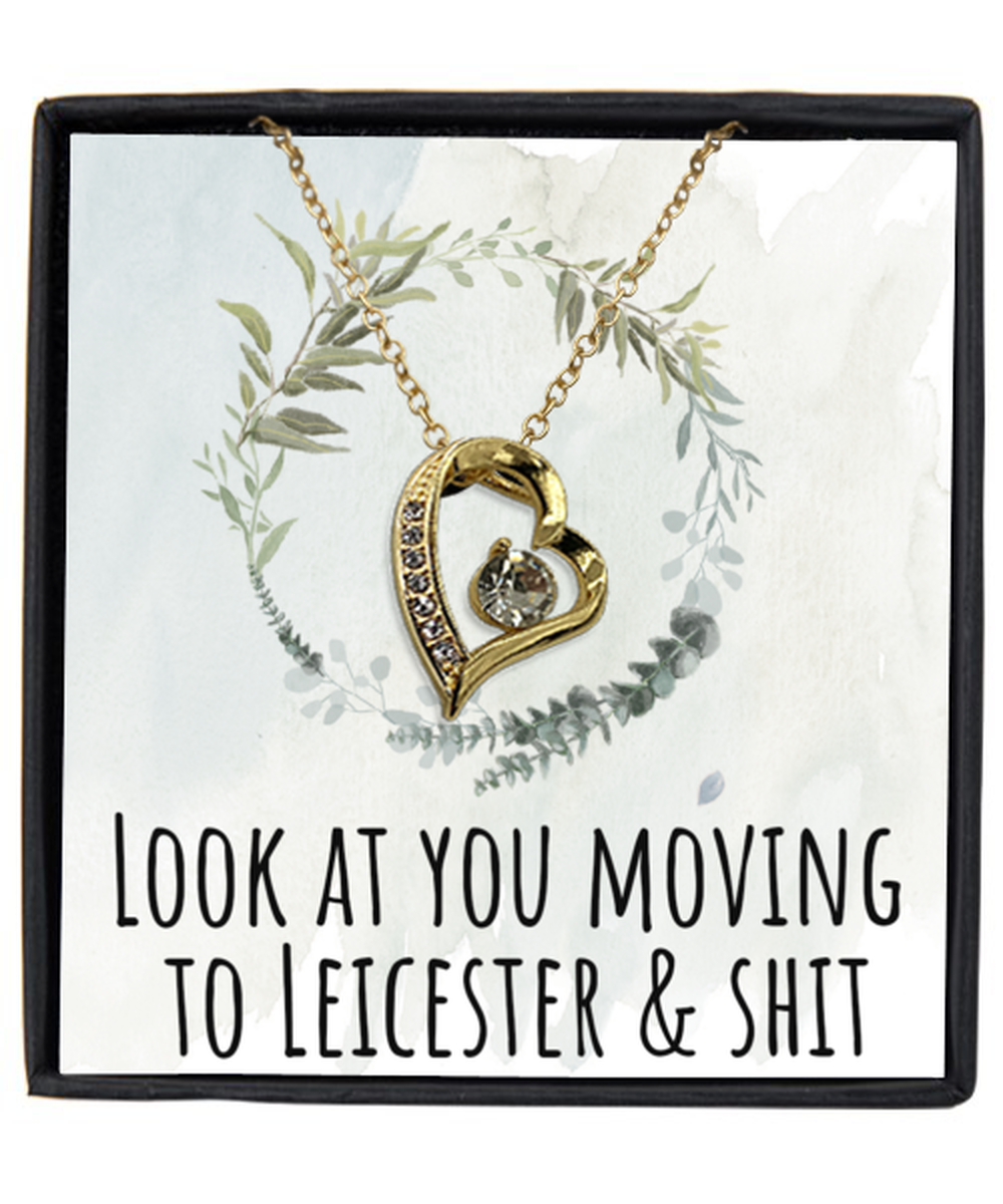 Moving to Leicester United Kingdom UK England Moving Away Necklace Heart Gold Plated Pendant Jewelry Merch