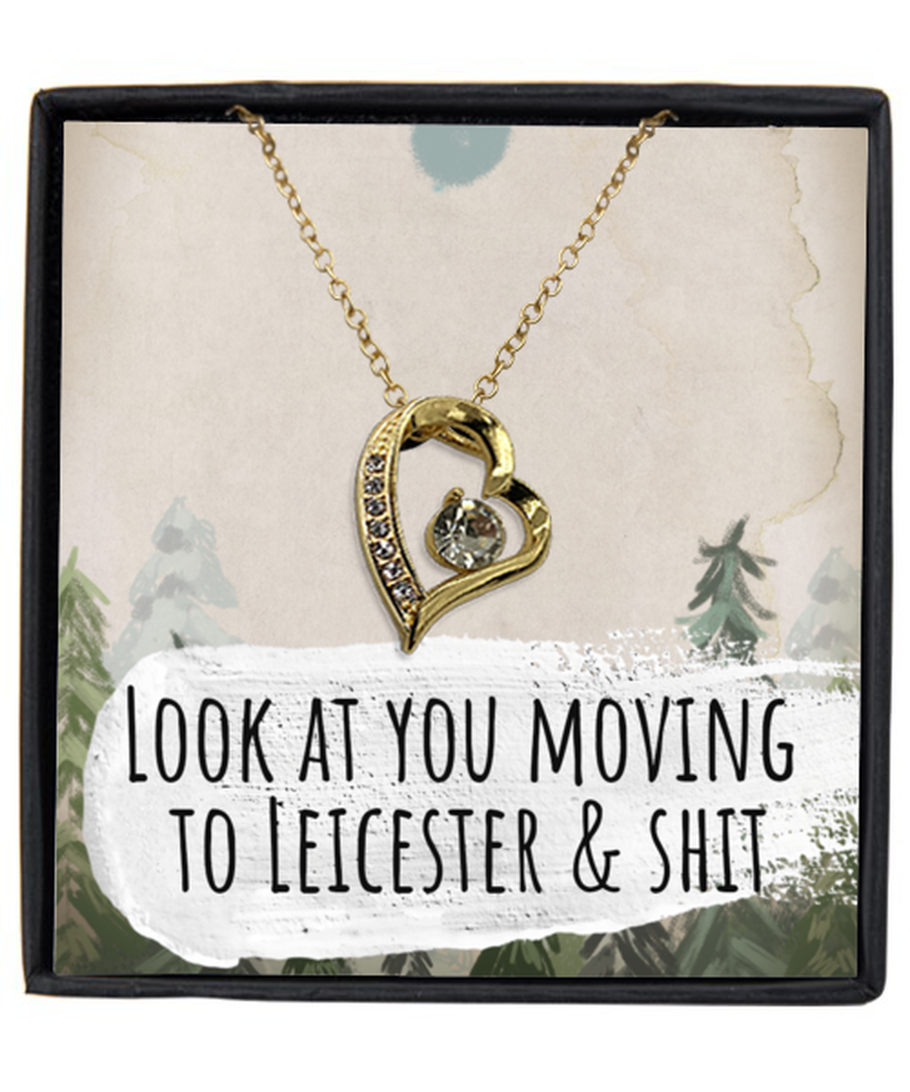 Moving to Leicester United Kingdom UK England Moving Away Necklace Heart Gold Plated Pendant Jewelry Merch