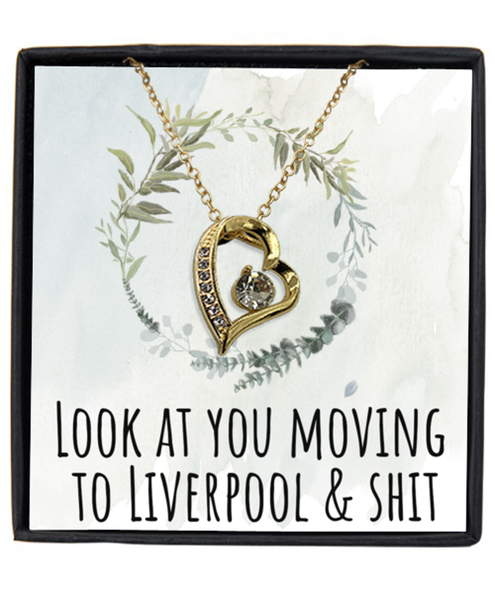 Moving to Liverpool United Kingdom UK England Moving Away Necklace Heart Gold Plated Pendant Jewelry Merch