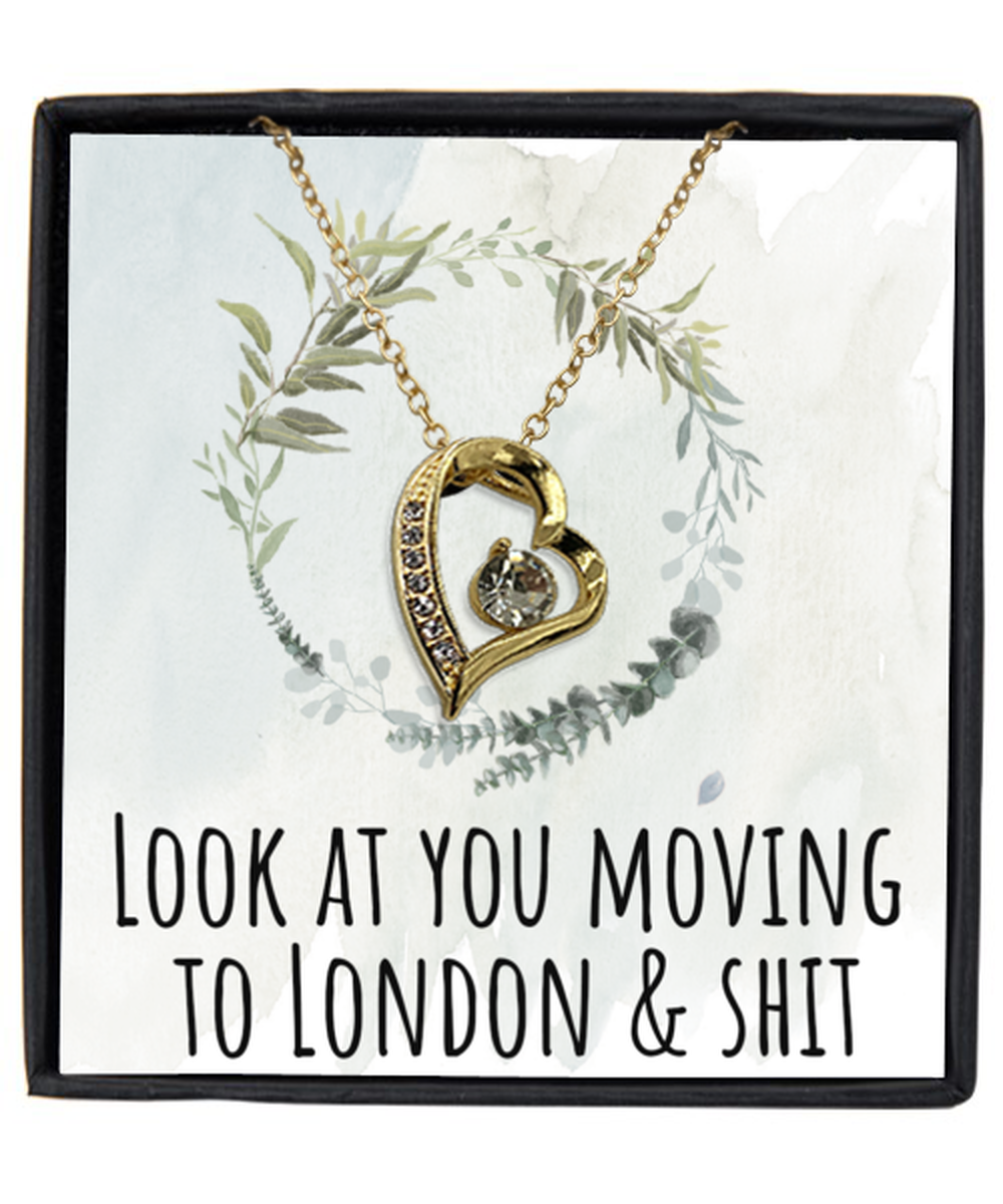 Moving to London United Kingdom UK England Moving Away Necklace Heart Gold Plated Pendant Jewelry Merch