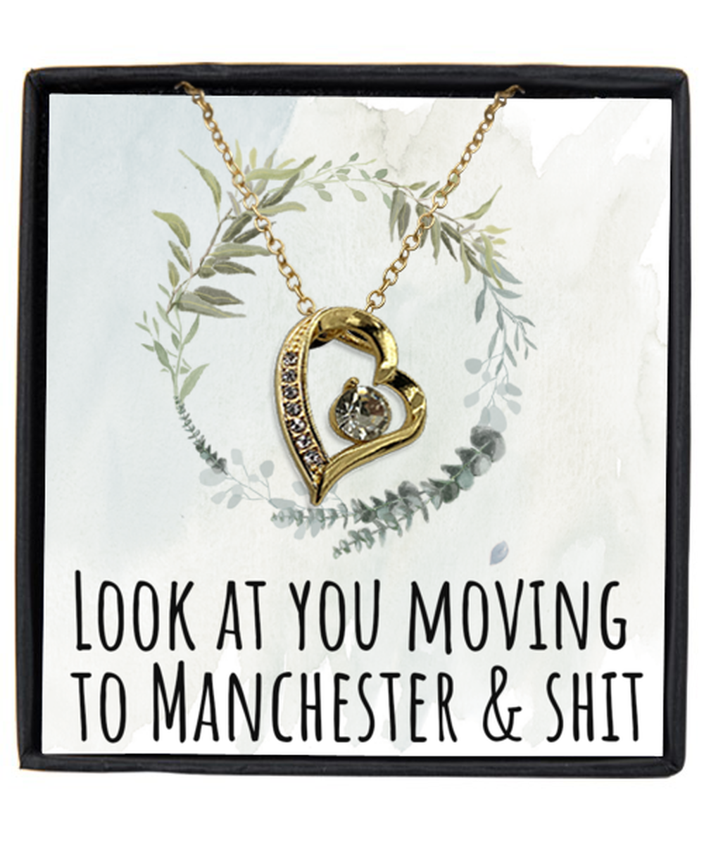 Moving to Manchester United Kingdom UK England Moving Away Necklace Heart Gold Plated Pendant Jewelry Merch