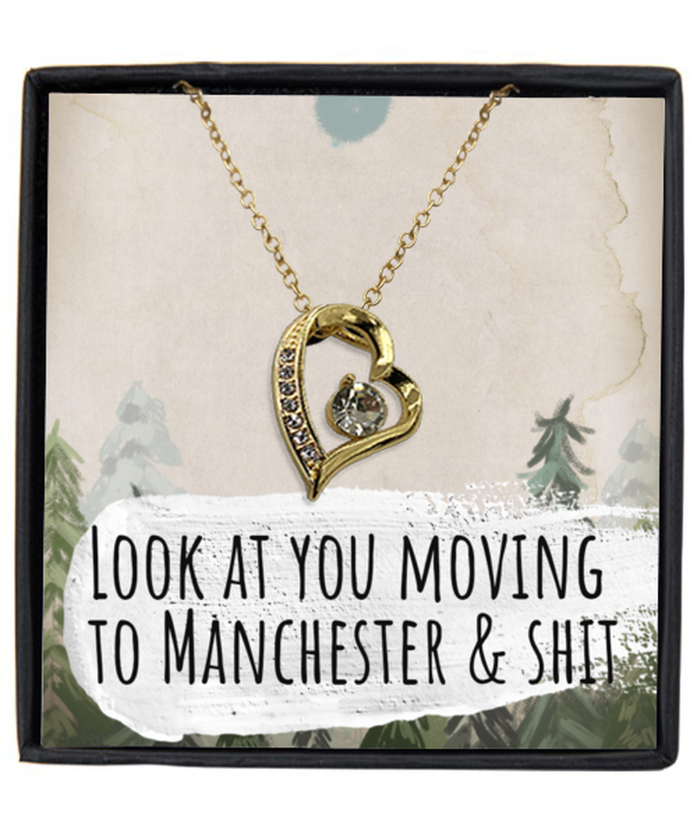 Moving to Manchester United Kingdom UK England Moving Away Necklace Heart Gold Plated Pendant Jewelry Merch