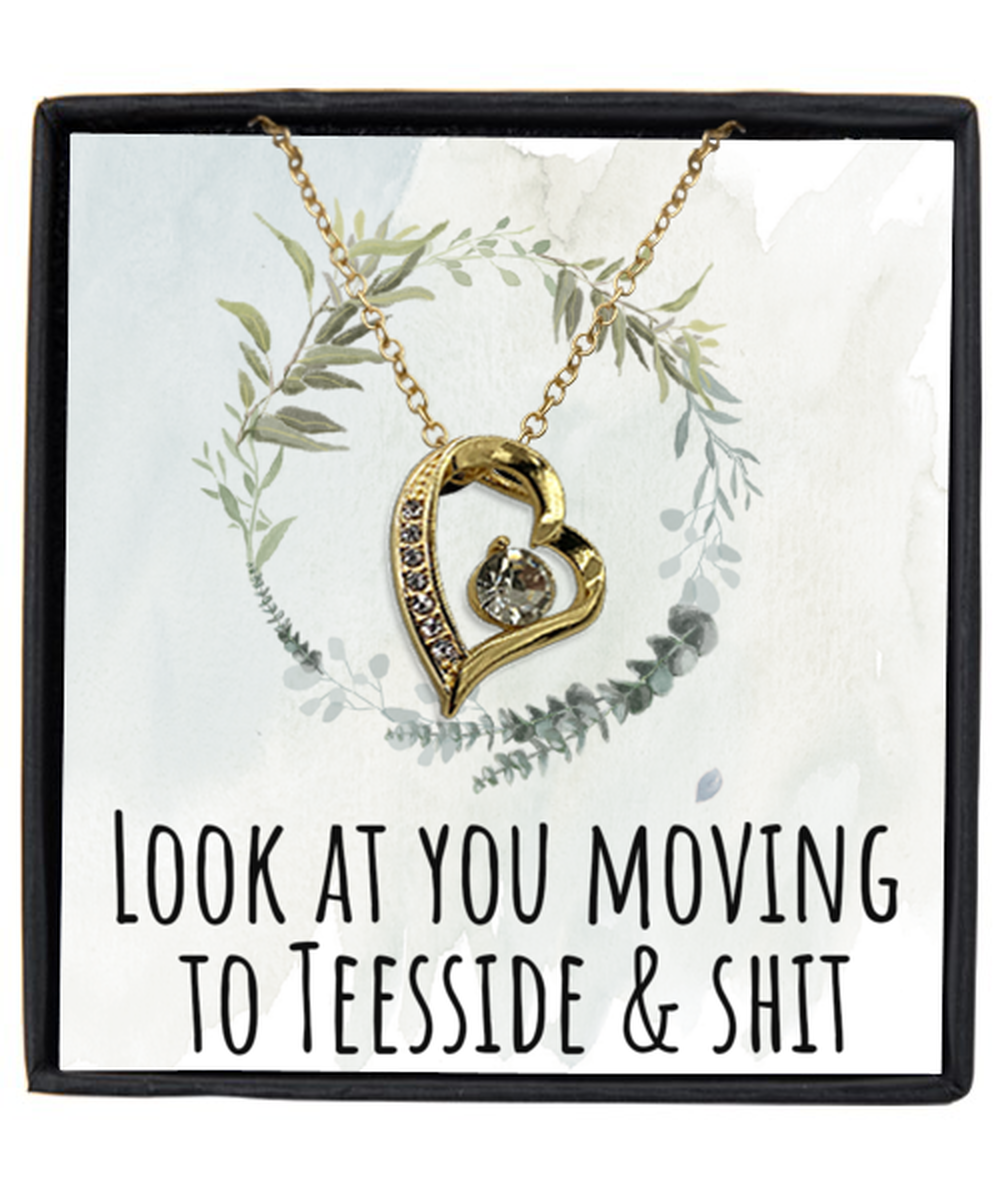 Moving to Teesside United Kingdom UK England Moving Away Necklace Heart Gold Plated Pendant Jewelry Merch