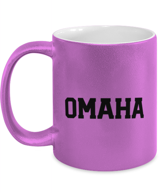 Omaha Nebraska Moving Away Pink Metallic Coffee Mug Unique Birthday Cup Men Women