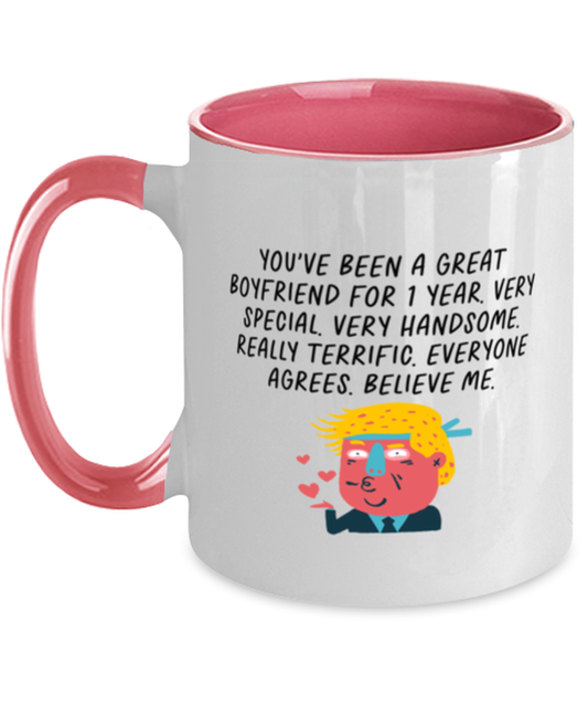 1st Anniversary 1 Year Dating Together Boyfriend Him Pink Handle Coffee Mug Unique Reusable Cup Men Women