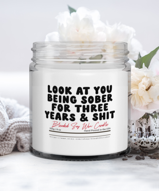 3 Years Sober Three Sobriety Recovery Funny Scented Candle, Vanilla Cozy Candle, Unique Gift Idea