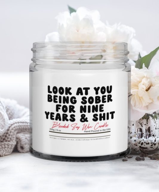 9 Years Sober Nine Sobriety Recovery Funny Scented Candle, Vanilla Cozy Candle, Unique Gift Idea