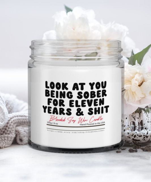 11 Years Sober Eleven Sobriety Recovery Funny Scented Candle, Vanilla Cozy Candle, Unique Gift Idea