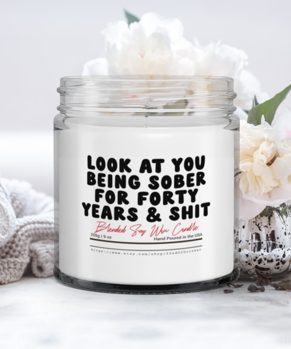 40 Years Sober Forty Sobriety Recovery Funny Scented Candle, Clean Anniversary Vanilla Cozy Candle, Unique Idea