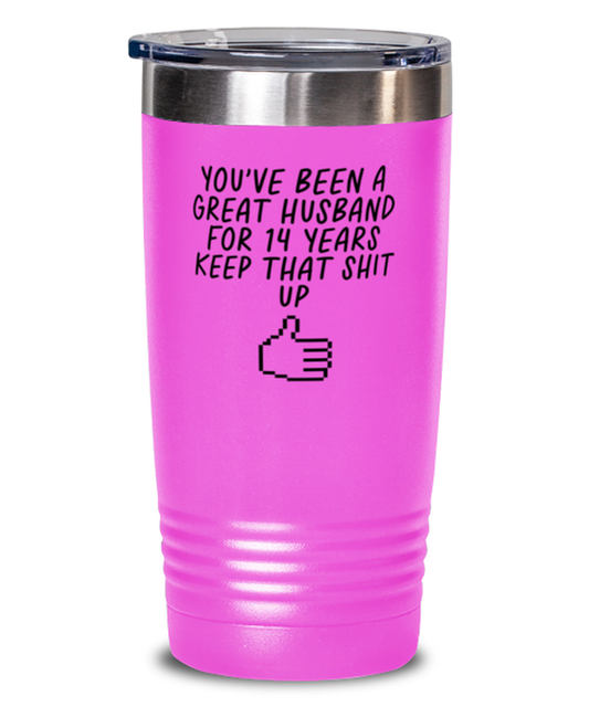 14th Anniversary 14 Year Husband Funny Travel Mug, Tumbler Coffee Cup, Unique Gag Idea, Him Her