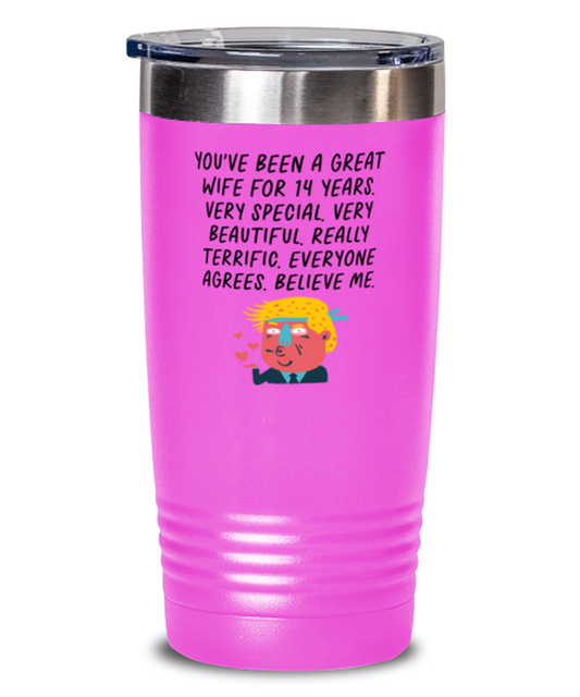 14th Anniversary 14 Year Wife Funny Travel Mug, Tumbler Coffee Cup, Unique Gag Idea, Him Her