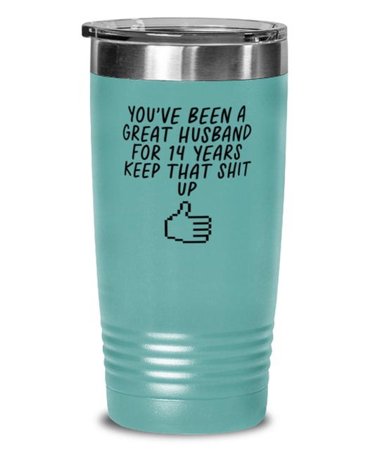 14th Anniversary 14 Year Husband Funny Travel Mug, Tumbler Coffee Cup, Unique Gag Idea, Him Her