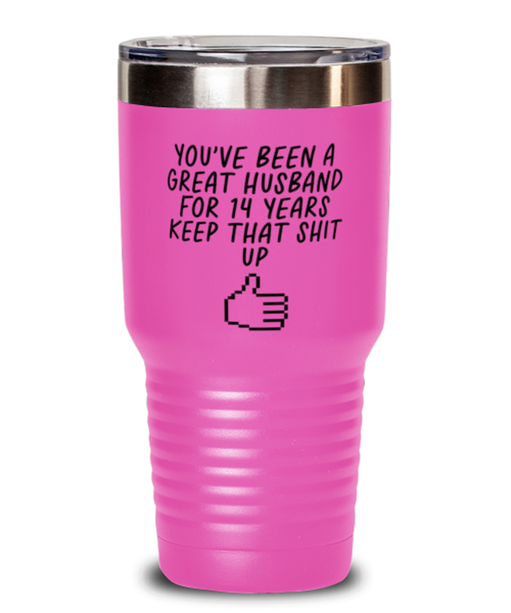 14th Anniversary 14 Year Husband Funny Travel Mug, Tumbler Coffee Cup, Unique Gag Idea, Him Her