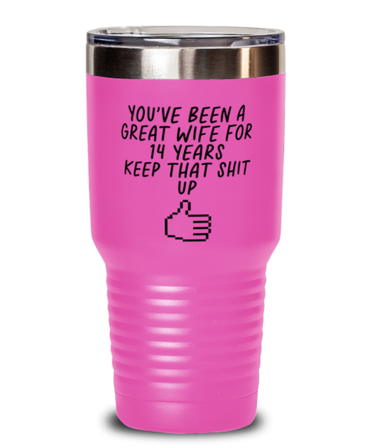 14th Anniversary 14 Year Wife Funny Travel Mug, Tumbler Coffee Cup, Unique Gag Idea, Him Her