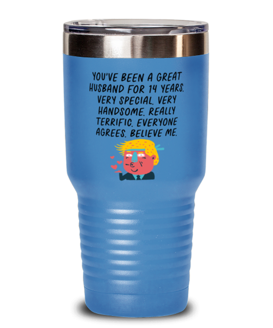 14th Anniversary 14 Year Husband Funny Travel Mug, Tumbler Coffee Cup, Unique Gag Idea, Him Her