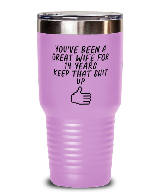 14th Anniversary 14 Year Wife Funny Travel Mug, Tumbler Coffee Cup, Unique Gag Idea, Him Her