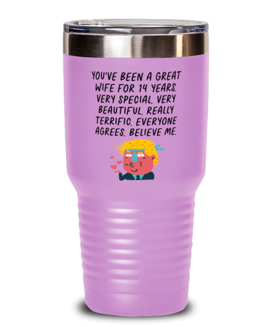 14th Anniversary 14 Year Wife Funny Travel Mug, Tumbler Coffee Cup, Unique Gag Idea, Him Her