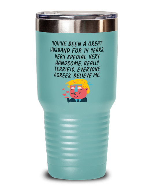 14th Anniversary 14 Year Husband Funny Travel Mug, Tumbler Coffee Cup, Unique Gag Idea, Him Her