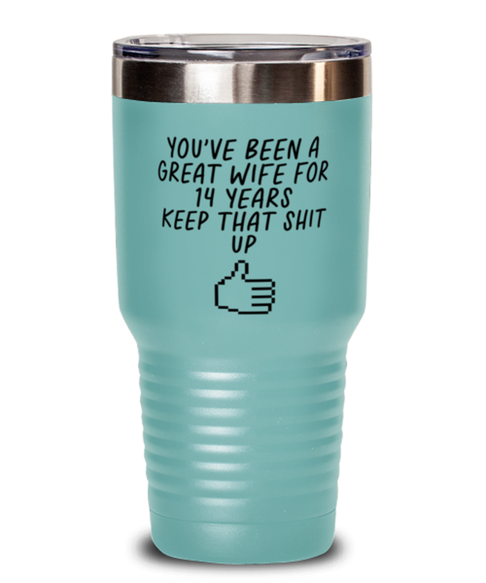 14th Anniversary 14 Year Wife Funny Travel Mug, Tumbler Coffee Cup, Unique Gag Idea, Him Her