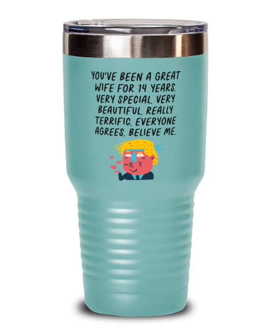 14th Anniversary 14 Year Wife Funny Travel Mug, Tumbler Coffee Cup, Unique Gag Idea, Him Her