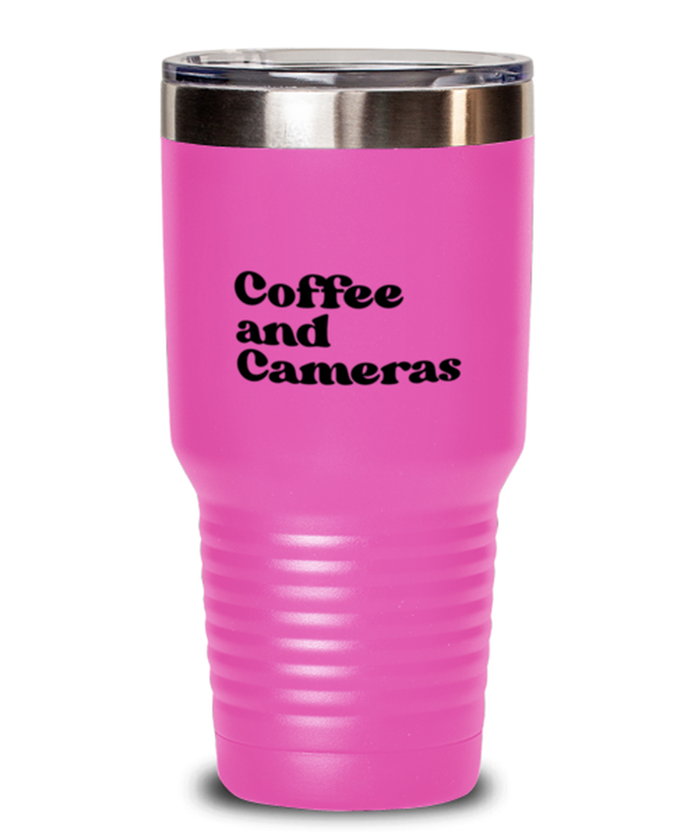 Camera Collector 1970s 70s Photographer Videographer Travel Mug, Gifts, Tumbler, Home Office Decor, Coffee Cup, Unique Gag Idea, Him Her