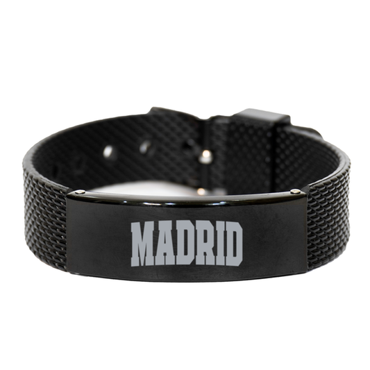 Madrid Spain Moving Away Bracelet, Gifts, Black Shark Mesh Bracelet, Christmas, Stocking Stuffer