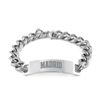 Madrid Spain Moving Away Bracelet, Gifts, Cuban Chain Stainless Steel Bracelet, Christmas, Stocking Stuffer